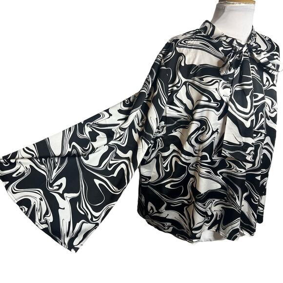 NWT Eloquii bell sleeve bow neck abstract swirl retro top Sz 18 - Picture 3 of 6